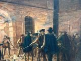 a painting of a group of people in a building