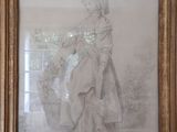 un vieux dessin représentant une femme en robe tenant un panier de fleurs