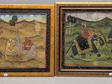 two paintings of men riding horses in a field with a castle in the background