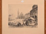an image of a drawing of a street scene with a church in the background