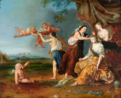 une image représentant un tableau d'une famille dans un décor boisé