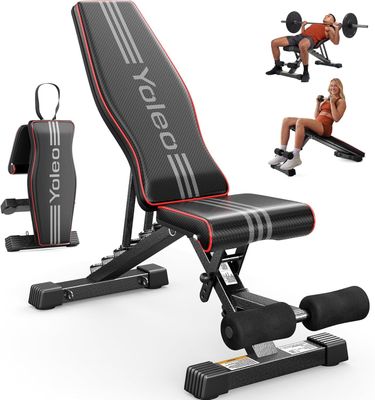 une image représentant un banc de musculation noir et rouge avec une paire d'haltères