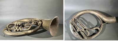 two pictures of a brass french horn and a silver french horn