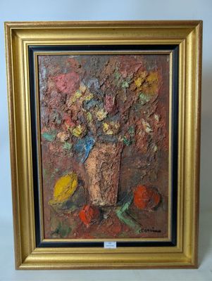 an oil painting of a vase with flowers in it on a table
