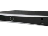 a close up of a black and silver device on a white background