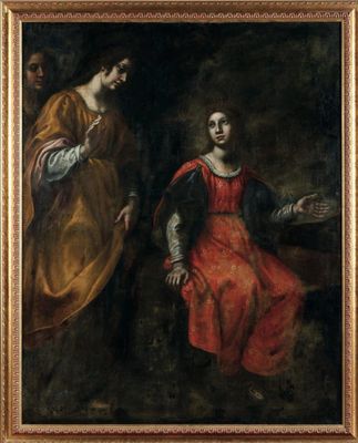a painting of a woman in a red dress sitting next to a man in a red dress