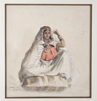 painting of a woman in a white dress sitting on a cushion