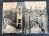 two old black and white photos of a narrow street with a castle in the background