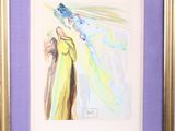 tableau représentant une femme en robe jaune avec un oiseau bleu sur l'épaule