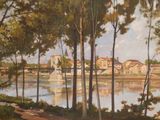 painting of a view of a river with houses and trees in the foreground