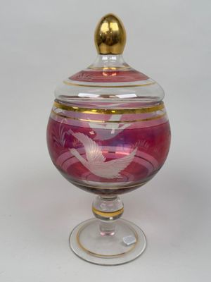 bol en verre violet et doré avec couvercle, orné d'un oiseau