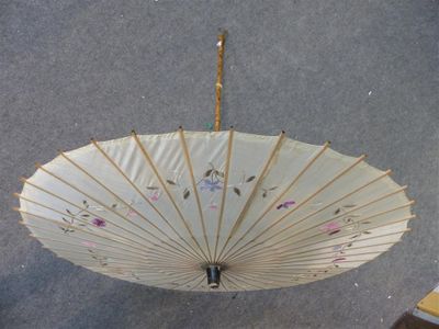 a white umbrella hanging from the ceiling in a room
