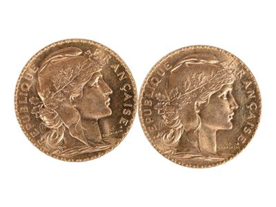 Deux pièces de vingt francs or au coq, 1914. Usures. - Photo 1