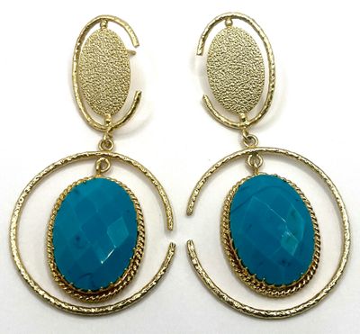 turquoise stone earrings with gold hoops on a white background