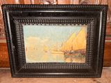 an old picture of a painting of a sailboat on a body of water
