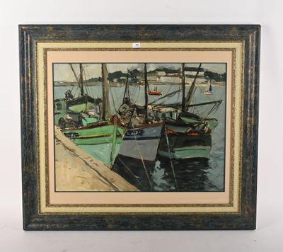 tableau représentant des bateaux amarrés à un quai dans un port