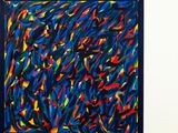 abstract painting of multicolored lines in a black frame on a white wall