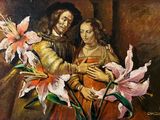 a painting of a man and a woman holding flowers