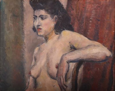 an oil painting of a woman sitting in a chair with her hands on her knees