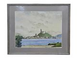 an image of a painting of a castle on a hill overlooking a body of water