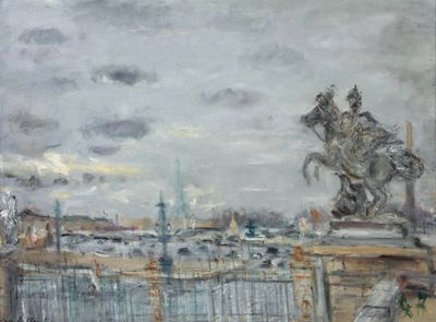 un tableau représentant la statue d'un homme à cheval sur un pont