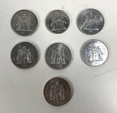 6 pièces de 50F en argent Hercule. Datées 1974, 1977, 1976, … - Photo 1