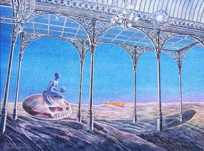 a painting of a man sitting on top of a shell