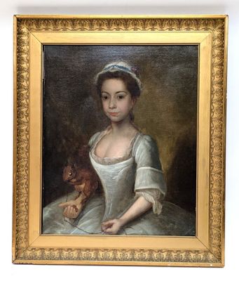 painting of a woman in a white dress holding a dog