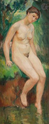 a painting of a nude woman sitting on a rock in the water