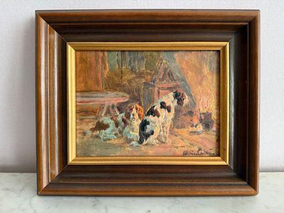 une photo d'un tableau représentant un chien et deux chiots