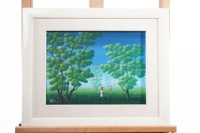 an image of a painting of two people walking through a green field