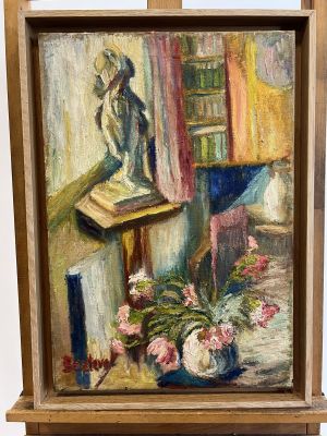 an oil painting of a vase of flowers and a statue on a table