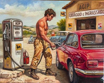 painting of a man pumping gas into a car at a gas station