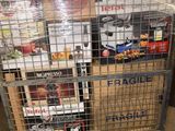 a shopping cart full of food in a warehouse