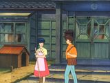 scène d'anime montrant un garçon et une fille debout devant une maison