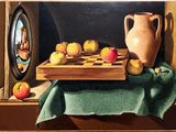 un tableau représentant des pommes et un vase posés sur une table