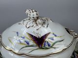 a close up of a bowl and saucer with a butterfly on it