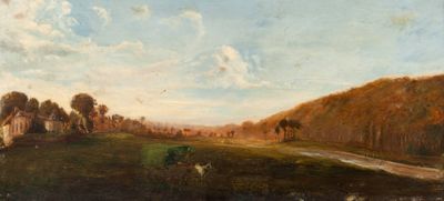 un tableau représentant des vaches paissant dans un champ au bord d'une rivière