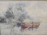 a painting of a boat in a body of water with trees in the background