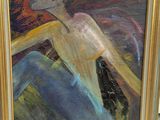a painting of a woman holding a surfboard in a gold frame