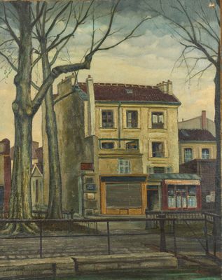une image représentant une peinture d'une scène de rue avec des bâtiments et des arbres