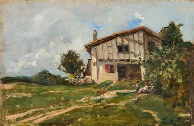 une image d'une peinture représentant une maison dans un champ