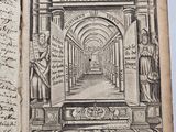 an old open book with a drawing of a building in the background