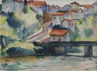 a watercolor painting of a small town by the water