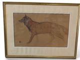 painting of a brown dog in a gold frame on a white background