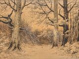 a painting of a path in the woods with trees