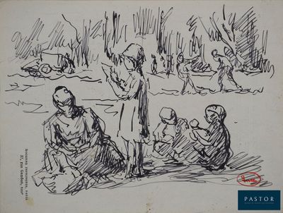 drawing of a group of people sitting on the ground in a park