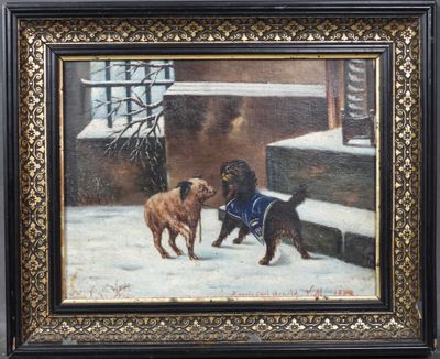 une peinture à l'huile représentant deux chiens jouant dans la neige