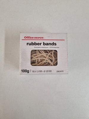 a box of rubber bands on a white surface