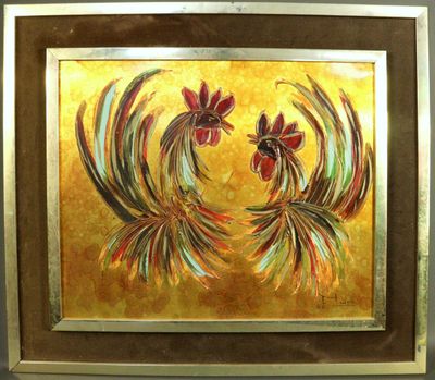painting of two roosters in a golden frame on a wall